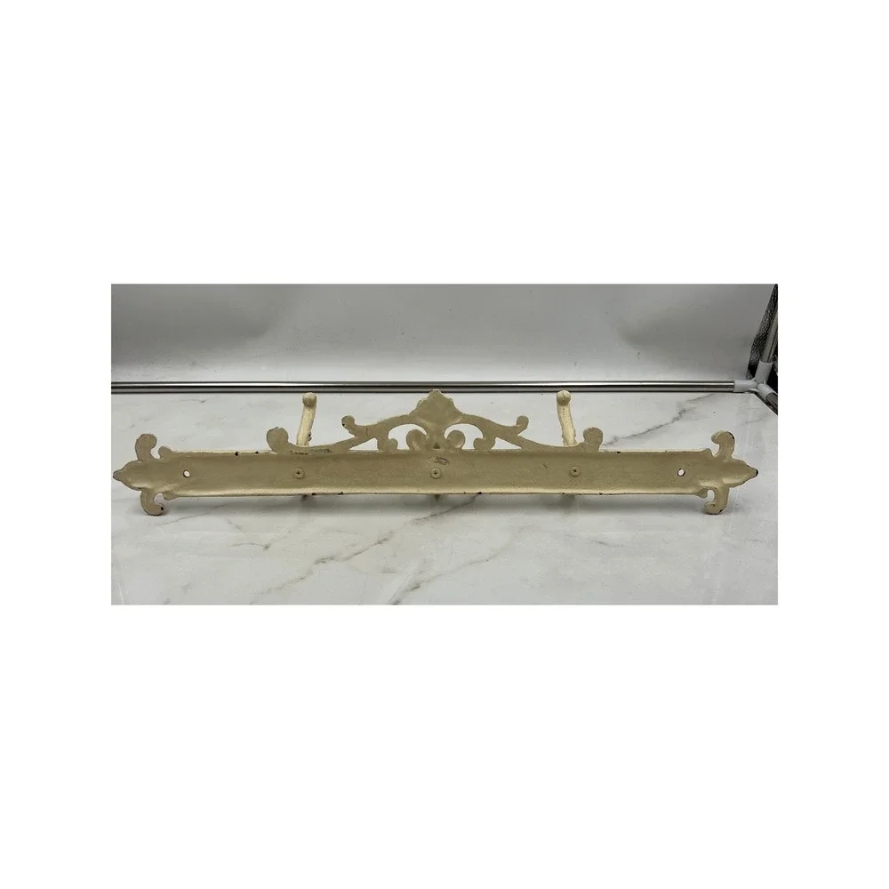 Vintage Cast Iron Fleur De Lis Wall Hook Rack 3 Hook Cream French Chic 20.5